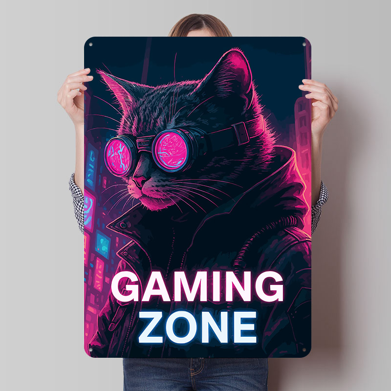 Retro Gaming Zone - サイバーパンク猫ゲーミングゾーンブリキプラークポスターカスタマイズされた壁アートレトロヴィンテージメタルサインルームワンドデコ家の装飾用