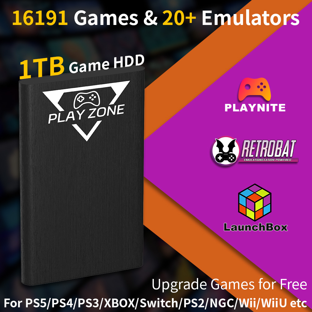 Retro Gaming Zone - Play Zone 1TB ポータブルゲーミングHDD PS5/PS4/XBOX/PS3/Switch/PS2対応 80種類以上のエミュレータ搭載